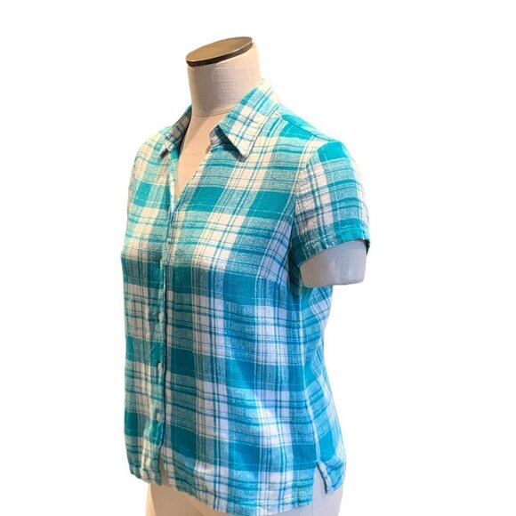 Christopher & Banks Linen Blend Plaid Short Sleeve Button Up Top Sz S #44F - Picture 4 of 8